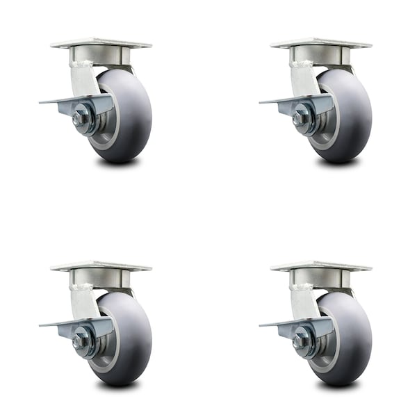 5 Inch Kingpinless Thermoplastic Rubber Wheel Swivel Caster Set with Brakes SCC
